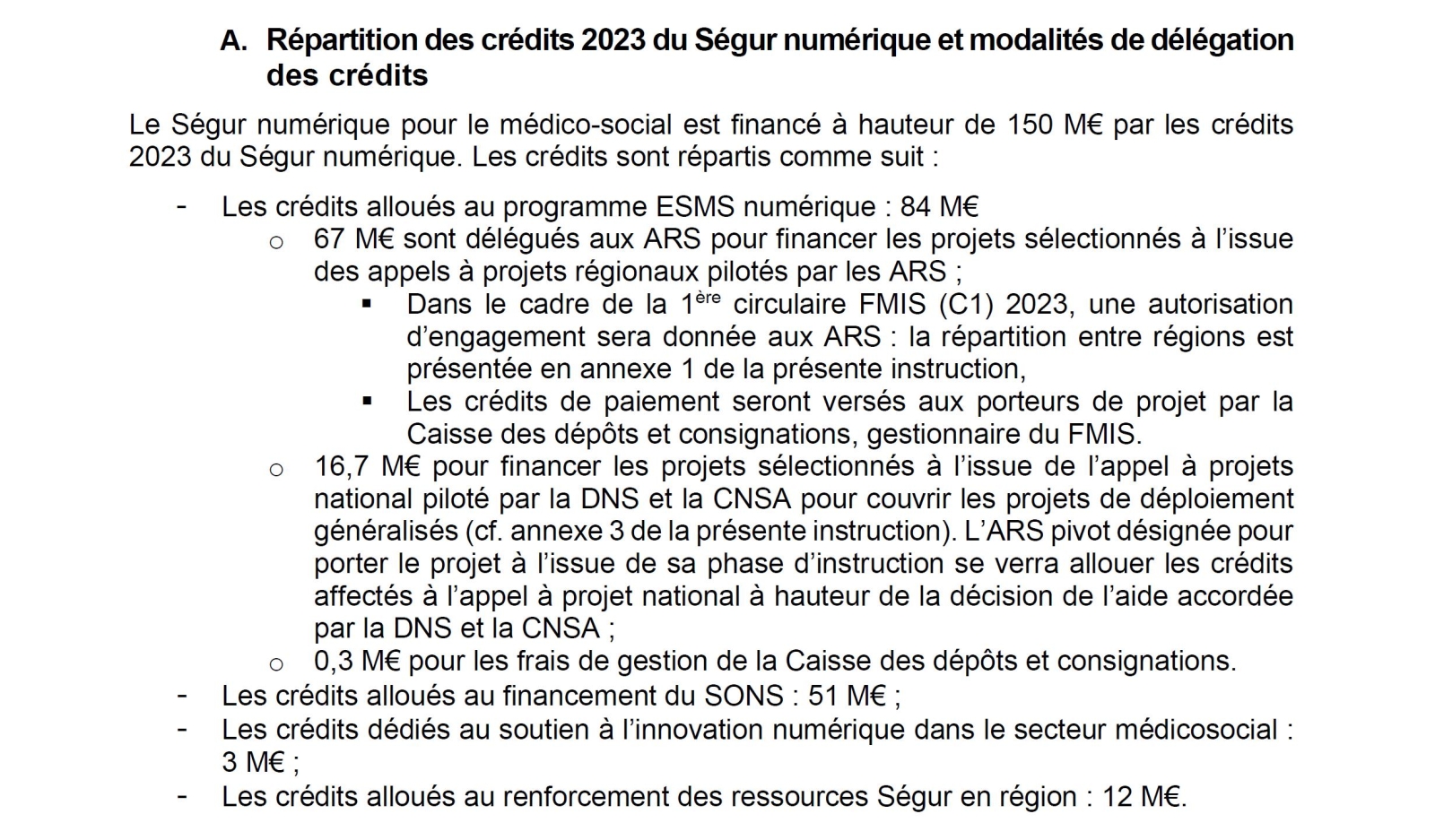 Répartition des 150 M€ de l'enveloppe 2023 du programme ESMS numérique